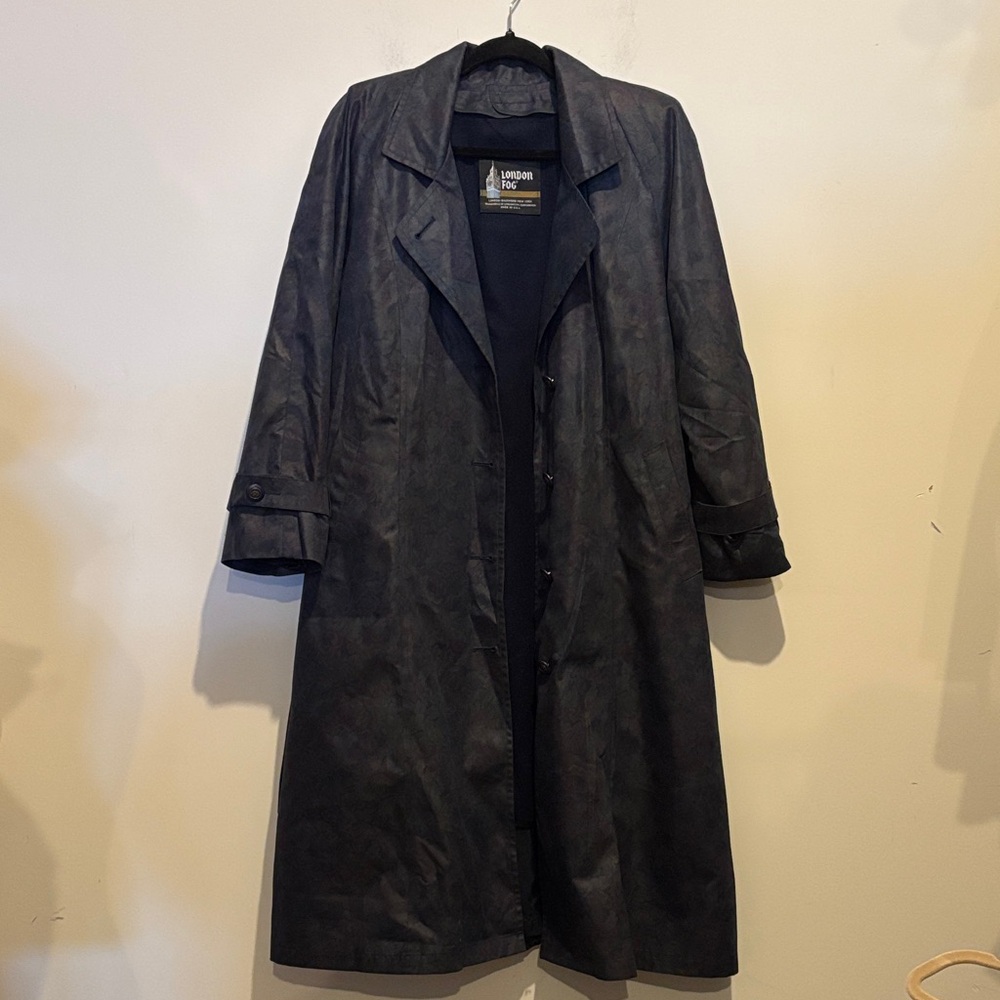 vintage London Fog trench coat in a blue/purple hue with a subtle floral pattern
